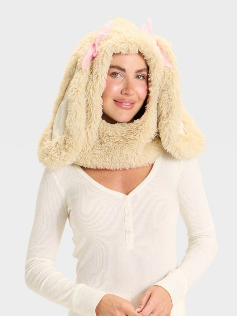 Cream Plush Bunny Hood Scarf with Pink Bows